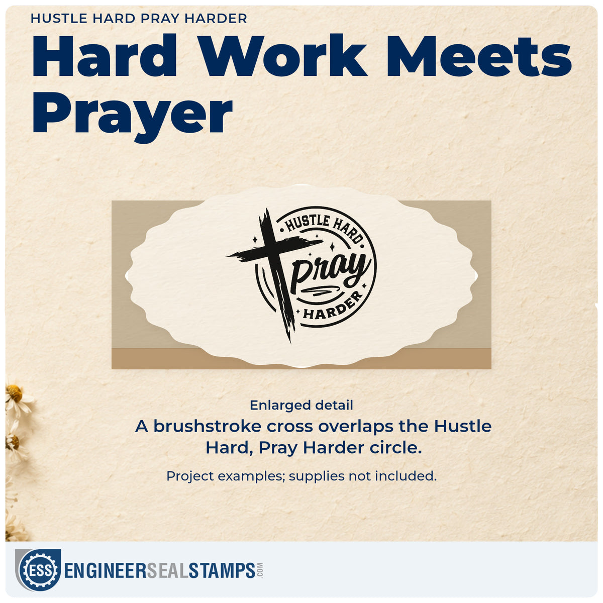 Enlarged detail of the Wood Handle Hustle Hard Pray Harder Rubber Stamp imprint. A brushstroke cross overlaps a circular "Hustle hard, pray harder" design.
