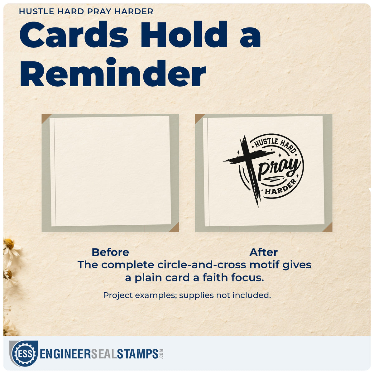 Before and after of a plain item finished with the Hustle Hard Pray Harder PSI Pre-Inked Stamp, a quick upgrade for side hustle labels.