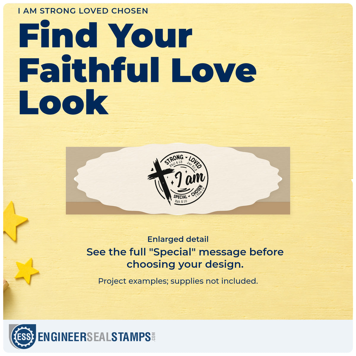 Enlarged detail of the I Am Strong Loved Chosen Brushstroke Cross Self-Inking Stamp imprint. A brushstroke cross overlaps an "I am" badge bordered by "Strong," "Loved," "Special," and "Chosen," with Phil 4:13, Jer 31:3, Eph 2:10, and 1 Thes 1:4.
