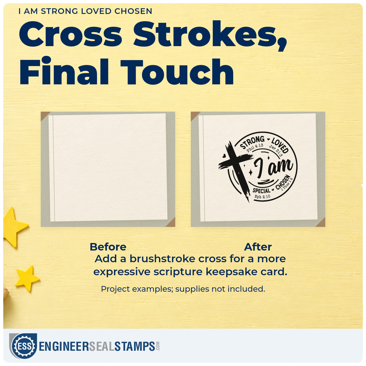 Before and after of a plain item finished with the I Am Strong Loved Chosen Brushstroke Cross Stamp – PSI Pre-Inked, a quick upgrade for locker magnet cards.