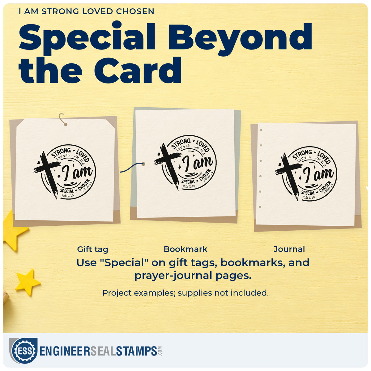 Three project examples made with the I Am Strong Loved Chosen Brushstroke Cross Wood Handle Stamp, including adoption day pages.