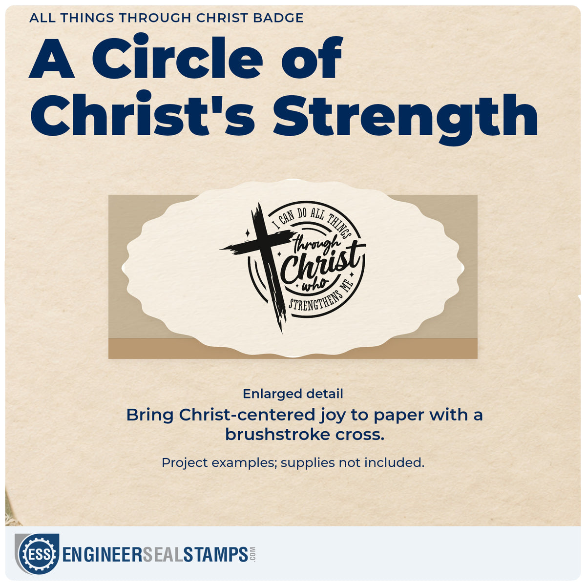 Enlarged detail of the All Things Through Christ Emblem Self-Inking Stamp imprint. A brushstroke cross overlaps a circular "I can do all things through Christ who strengthens me" design.