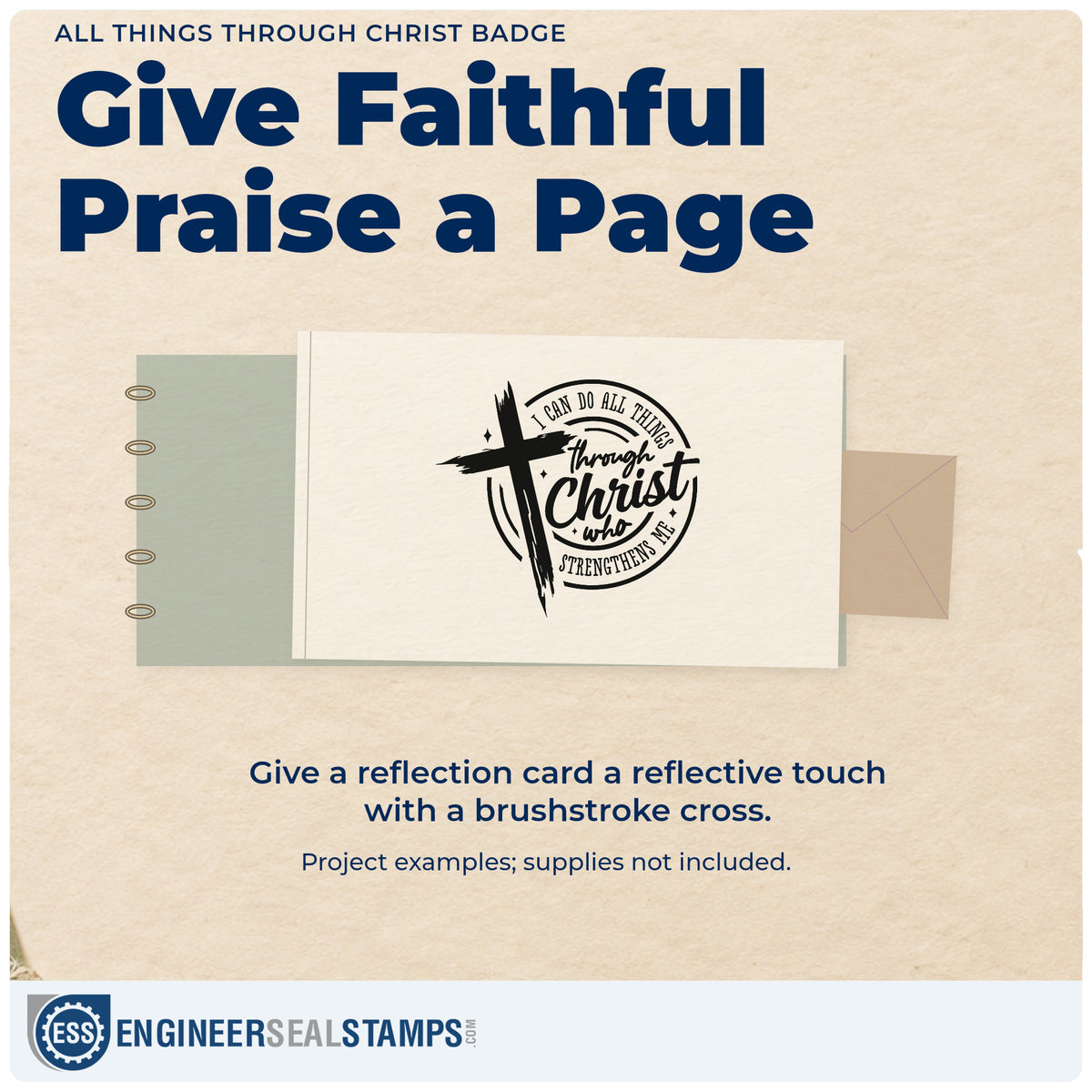 A finished handmade project stamped with the All Things Through Christ Emblem Self-Inking Stamp, ideal for team water bottle tags.