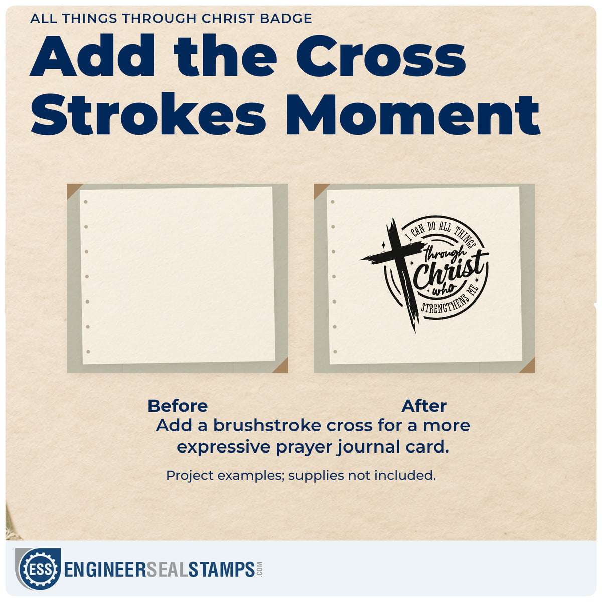 Before and after of a plain item finished with the All Things Through Christ Emblem Slim Pre-Inked Stamp, a quick upgrade for physical therapy notes.