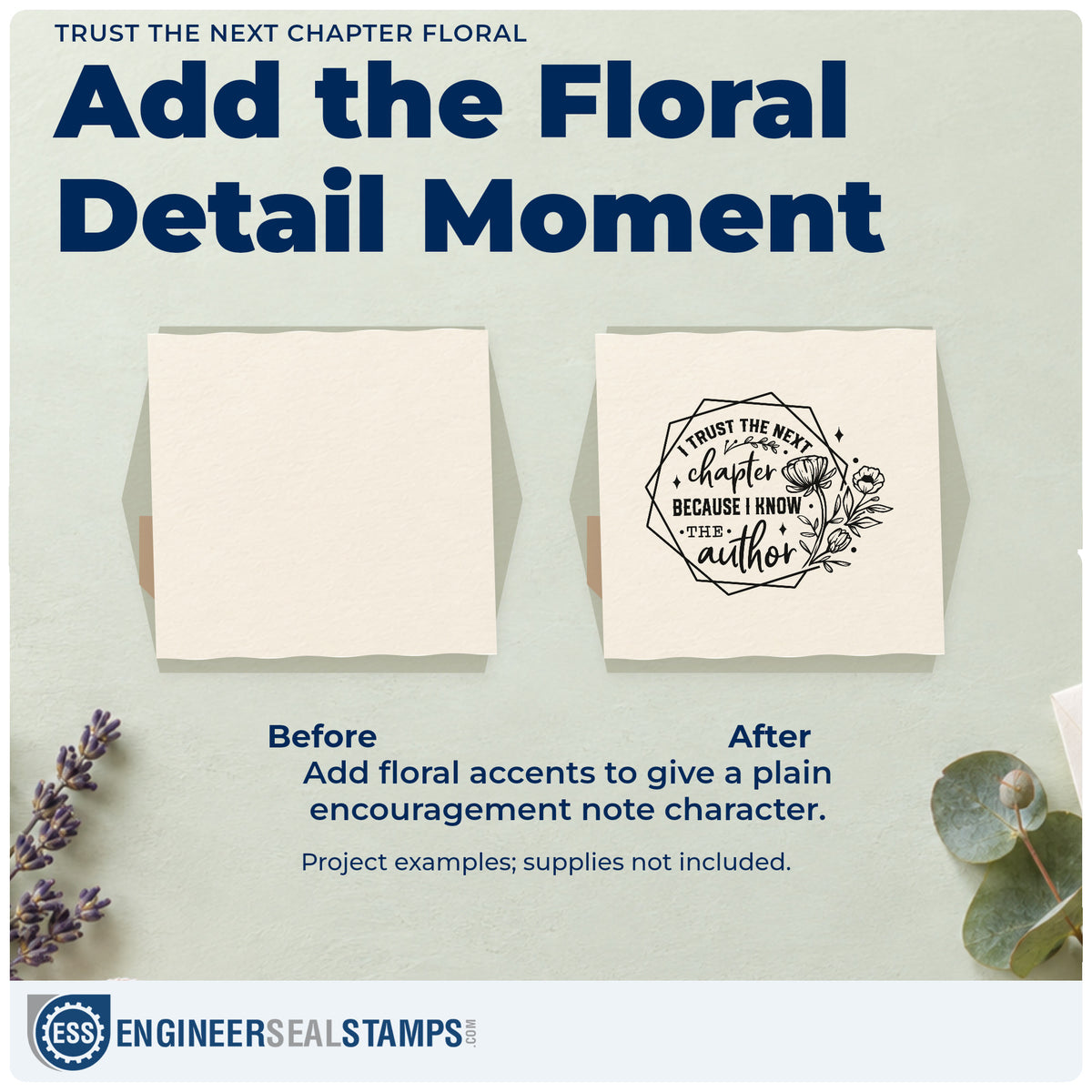 Before and after of a plain item finished with the Trust The Next Chapter Floral Rubber Stamp – Duo Hand, a quick upgrade for author signing seals.