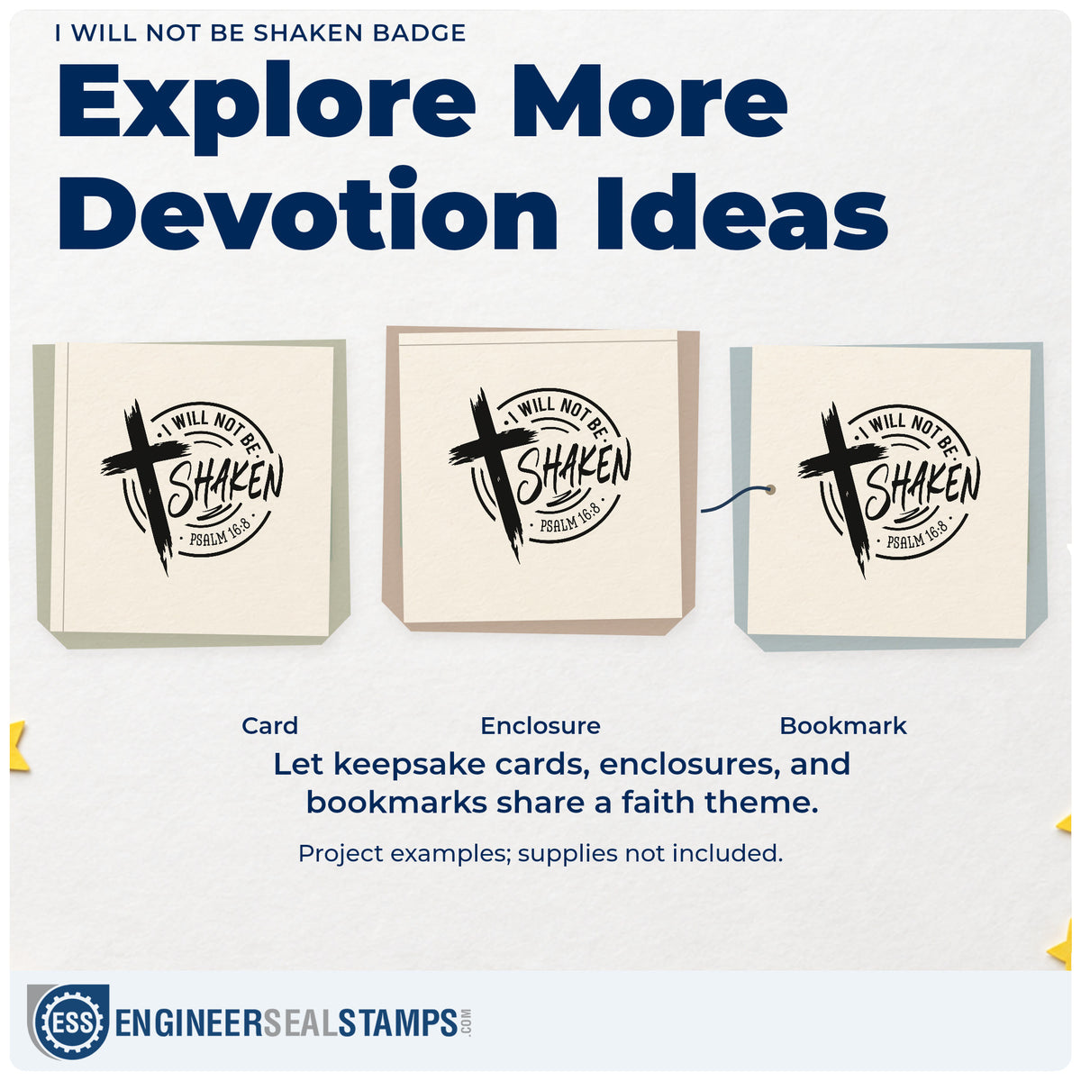 Three project examples made with the I Will Not Be Shaken Emblem Wood Handle Stamp, including testimony pages.