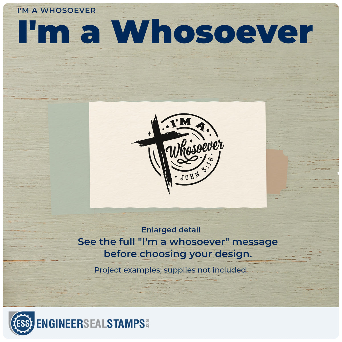Enlarged detail of the I'm A Whosoever Hand Stamp – Duo imprint. A brushstroke cross overlaps a circular "I'm a whosoever" design with John 3:16.
