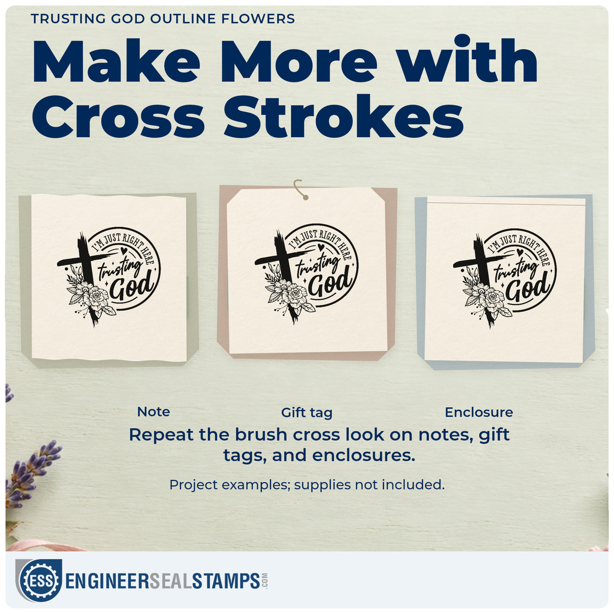 Three project examples made with the Trusting God Outline Flowers Stamp – Duo Hand, including seed packet labels.