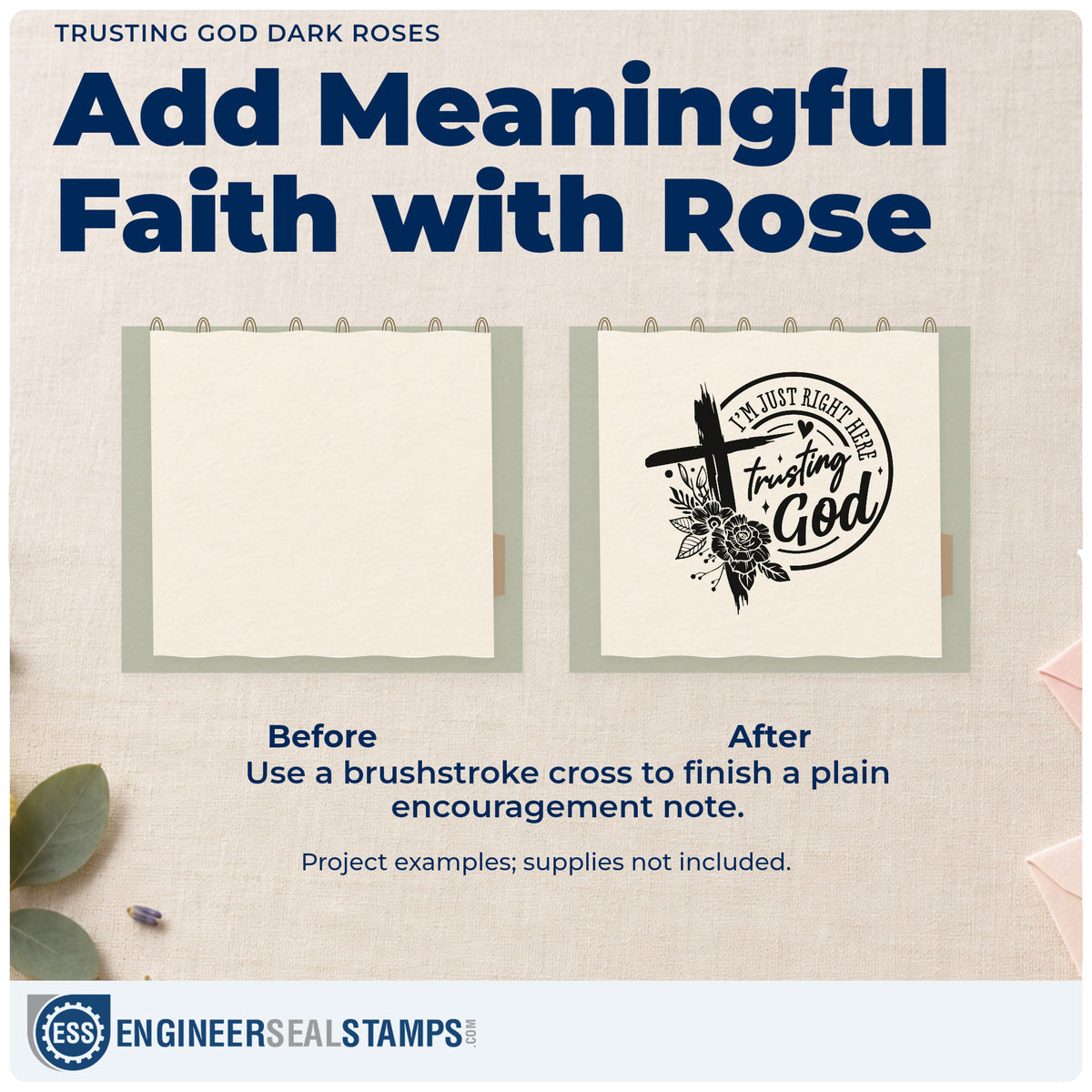 Before and after of a plain item finished with the Trusting God Solid Roses Premium Wooden Stamp - Vintage Pro, a quick upgrade for caregiver day totes.