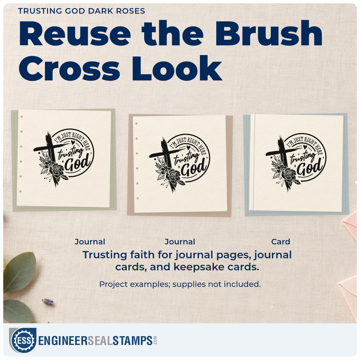 Three project examples made with the Wood Handle Trusting God Solid Roses Rubber Stamp, including prayer chain cards.