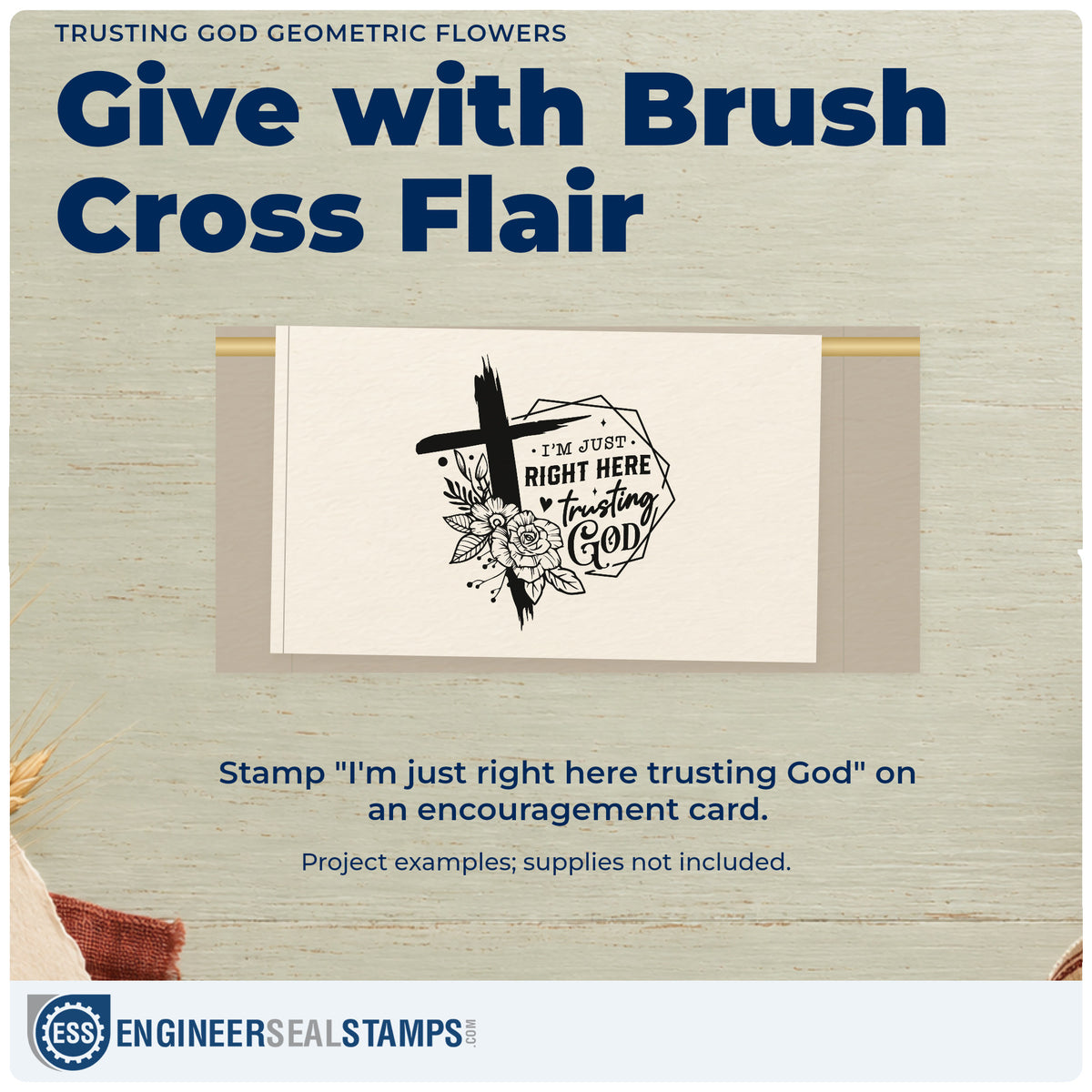 A finished handmade project stamped with the Trusting God Geometric Flowers Brushstroke Cross Slim Pre-Inked Stamp, ideal for wedding program tags.