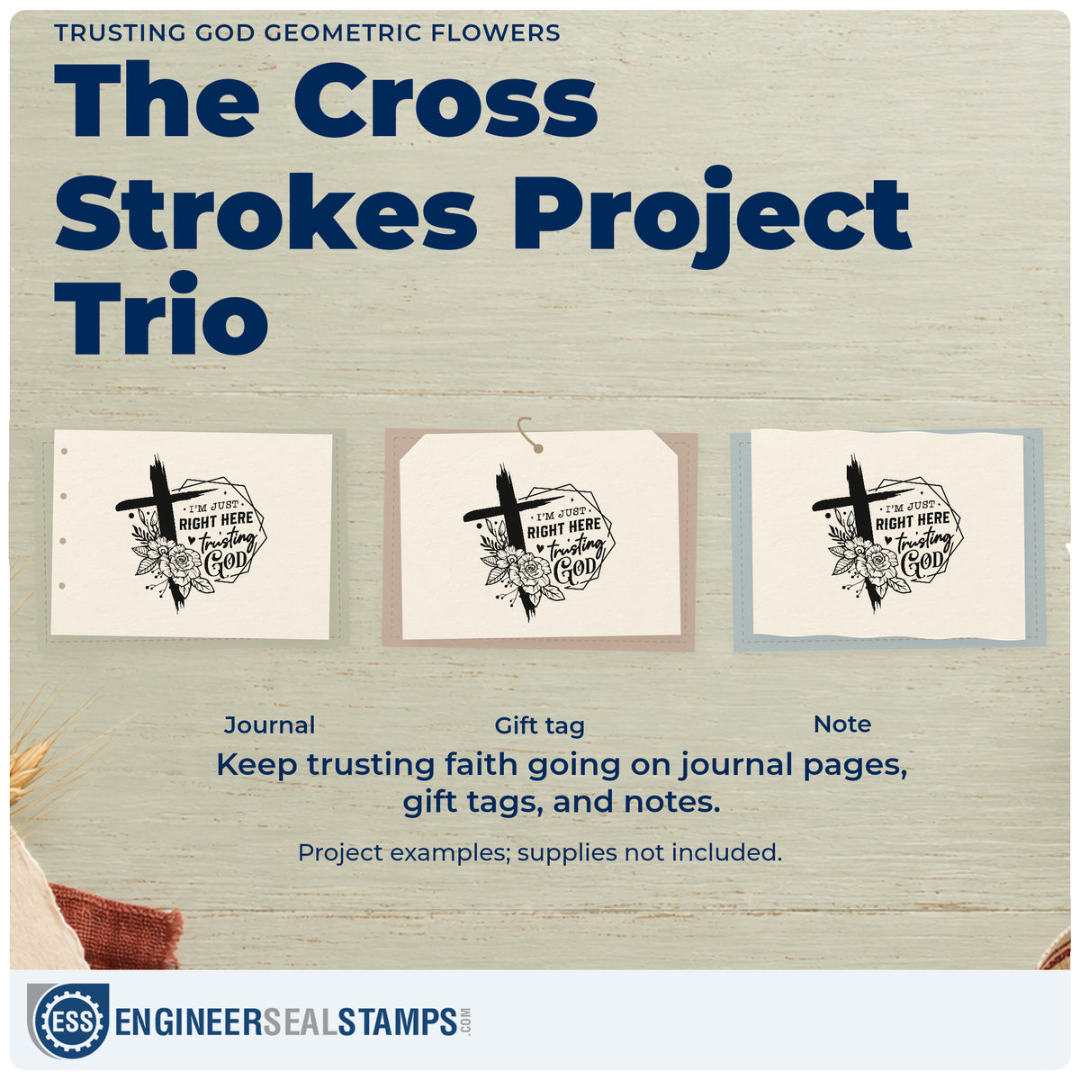 Three project examples made with the Trusting God Geometric Flowers Brushstroke Cross Self-Inking Stamp, including tile coaster crafts.