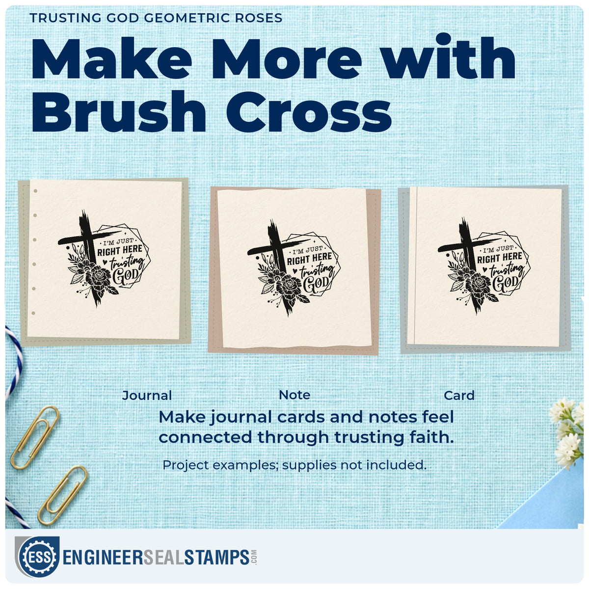 Three project examples made with the Trusting God Geometric Roses Rubber Stamp – Wood Handle, including wine bottle hangers.