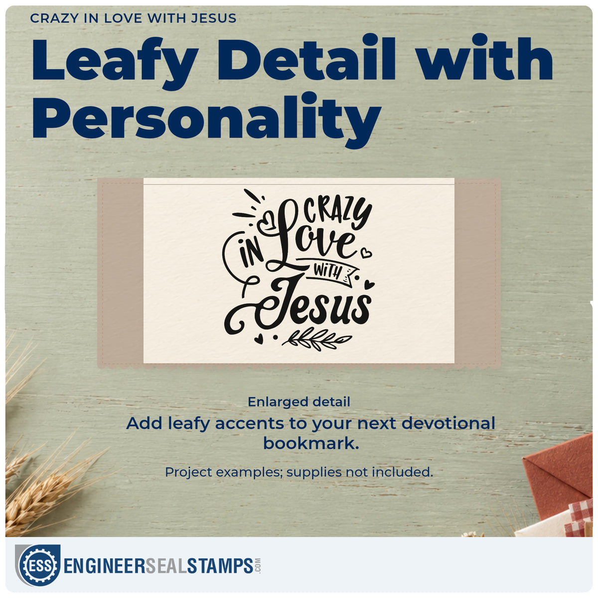 Enlarged detail of the Pre-Inked Crazy In Love With Jesus Stamp – PSI imprint. Hearts, leaves, and a small ribbon accent "Crazy in love with Jesus" in flowing script.