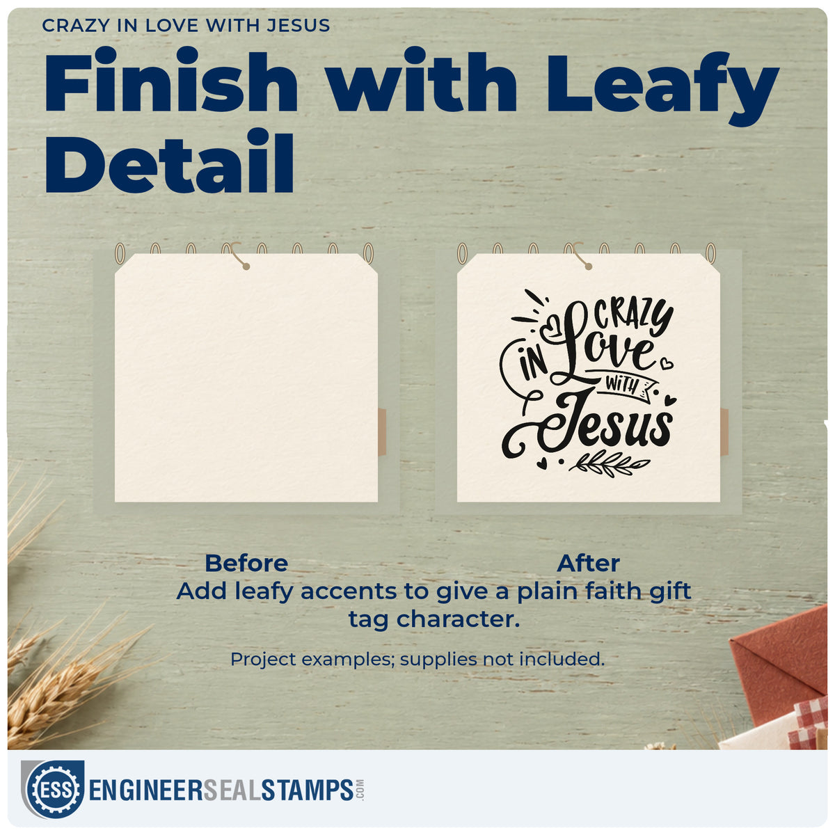 Before and after of a plain item finished with the Crazy In Love With Jesus Pre-Inked Stamp – Slim, a quick upgrade for baptism robe bags.