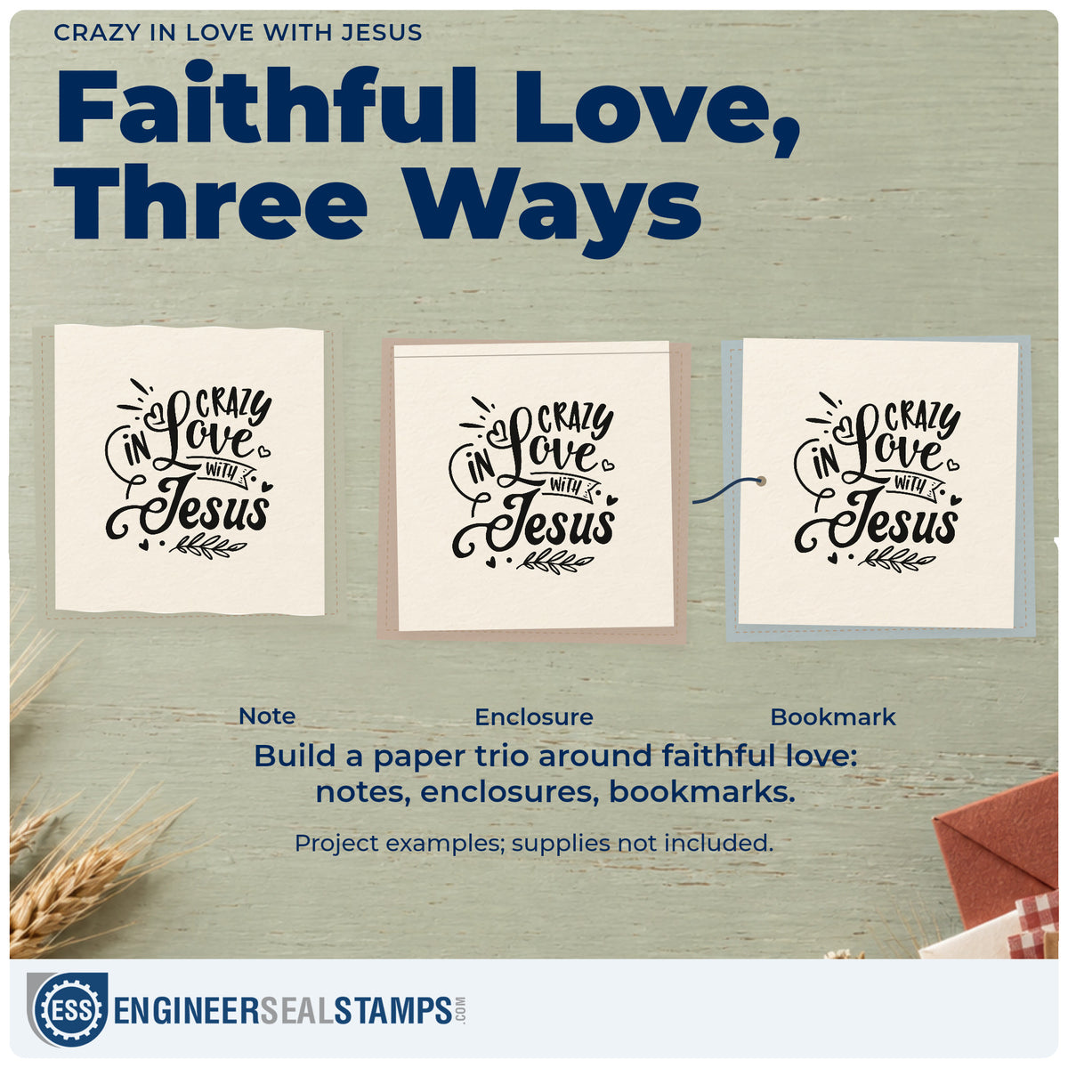 Three project examples made with the Crazy In Love With Jesus Hand Stamp – Duo, including wedding napkin corners.