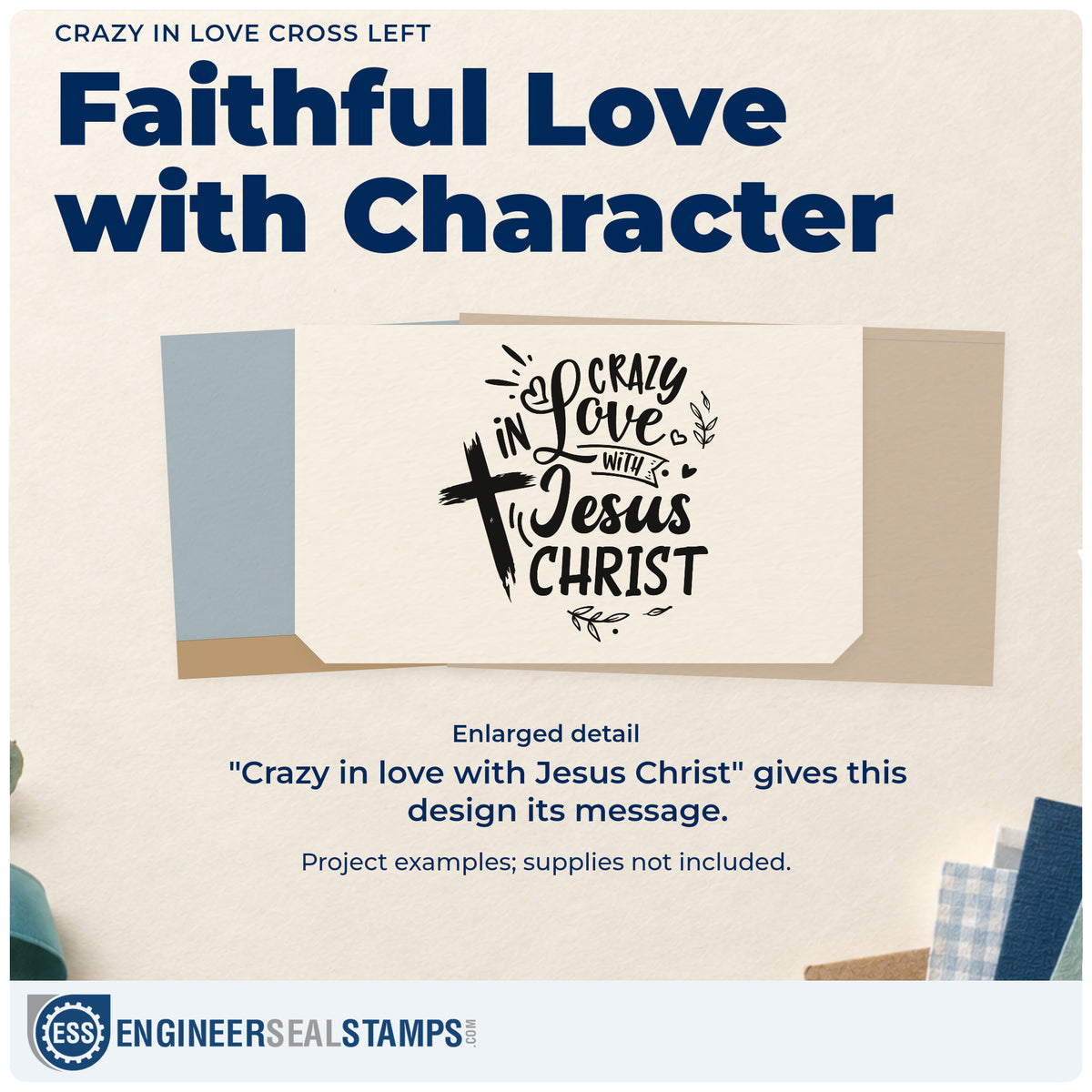 Enlarged detail of the Crazy In Love Cross Left Leaf Accents Rubber Stamp – Duo Hand imprint. A brushstroke cross at the left accompanies "Crazy in love with Jesus Christ," with hearts and leaves.