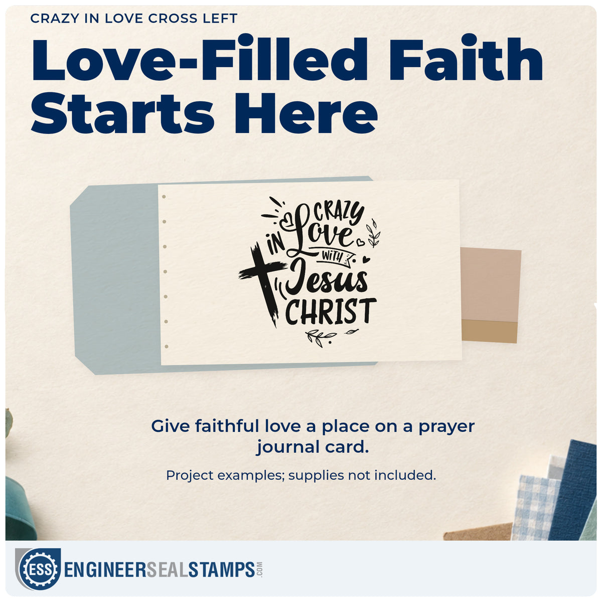 A finished handmade project stamped with the Crazy In Love Cross Left Leaf Accents Self-Inking Stamp, ideal for baptism day tags.