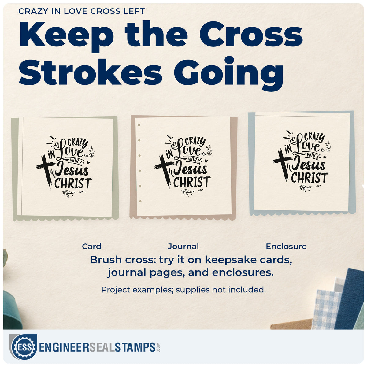 Three project examples made with the Crazy In Love Cross Left Leaf Accents Self-Inking Stamp, including prayer card stacks.