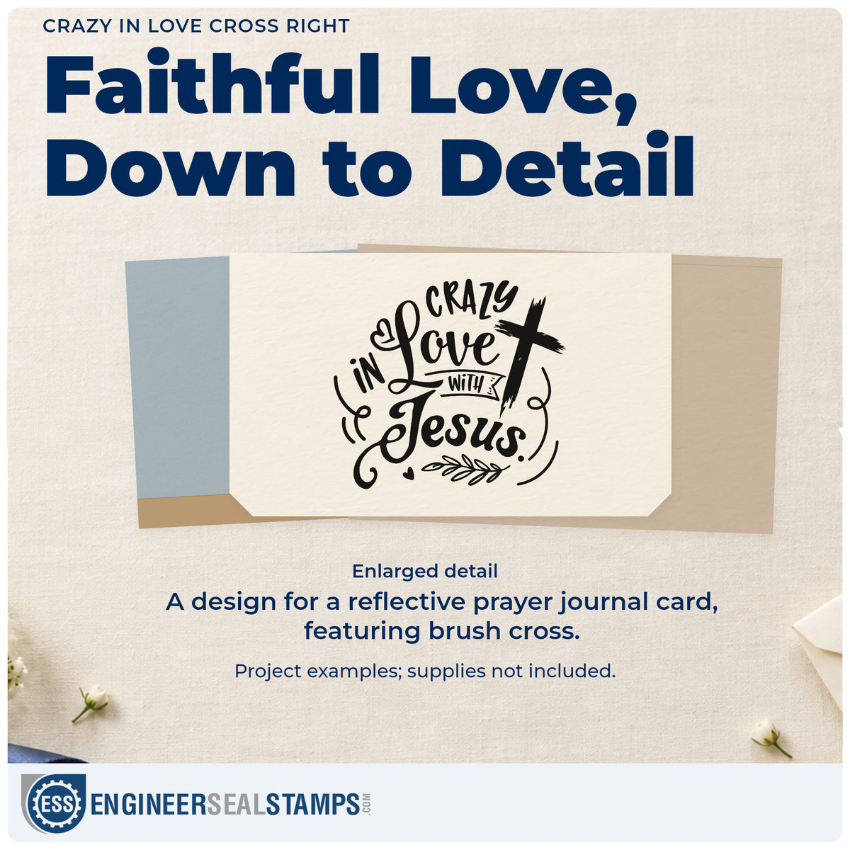 Enlarged detail of the Crazy In Love Cross Right Stamp – Self-Inking imprint. A brushstroke cross at the right accompanies "Crazy in love with Jesus," with a ribbon and leafy branch.
