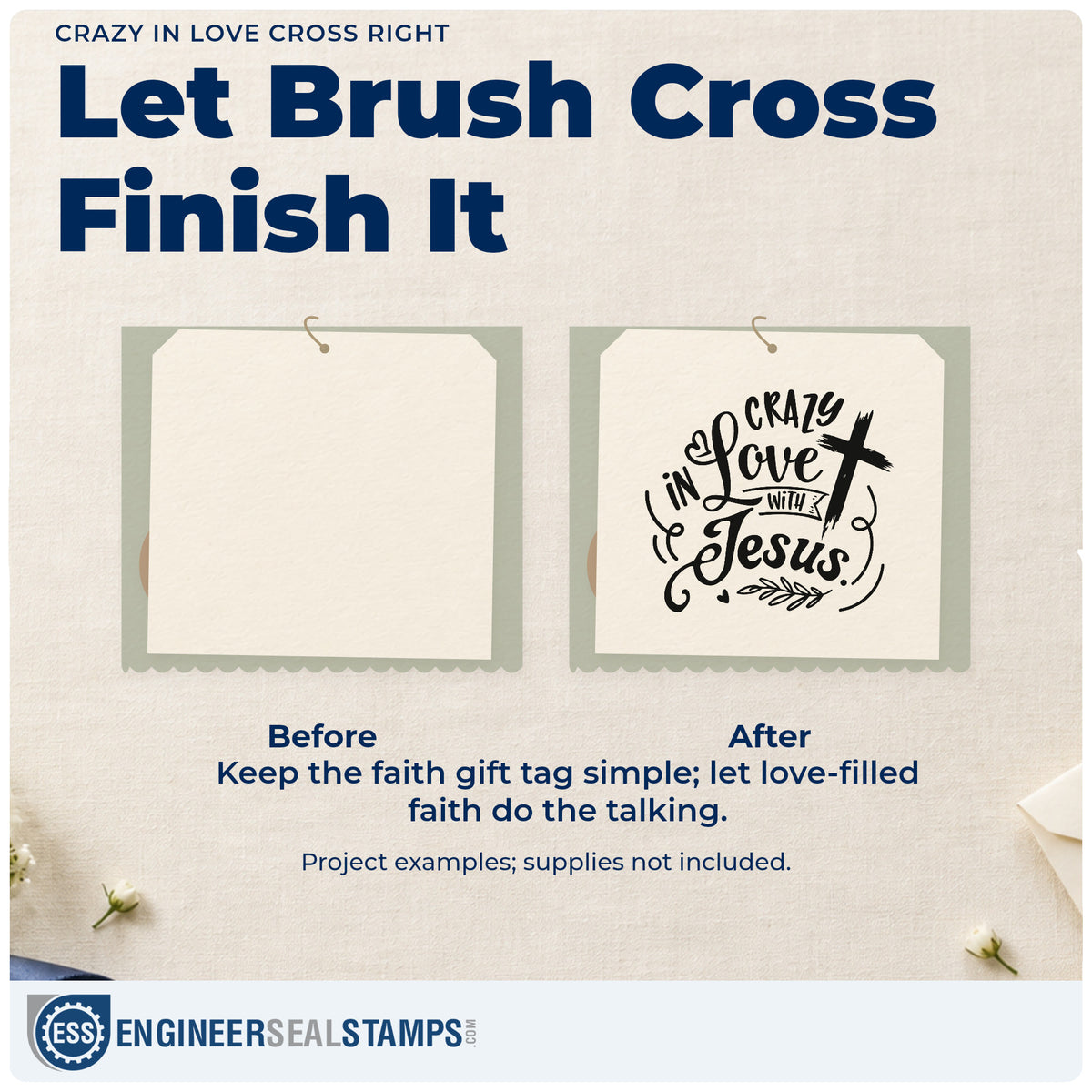 Before and after of a plain item finished with the Crazy In Love Cross Right Rubber Stamp – Wood Handle, a quick upgrade for florist ribbon bands.
