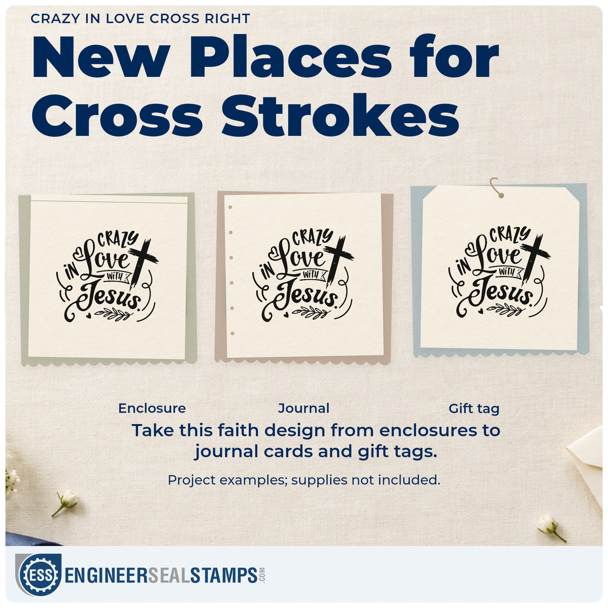 Three project examples made with the Crazy In Love Cross Right Rubber Stamp – Wood Handle, including recipe book pages.
