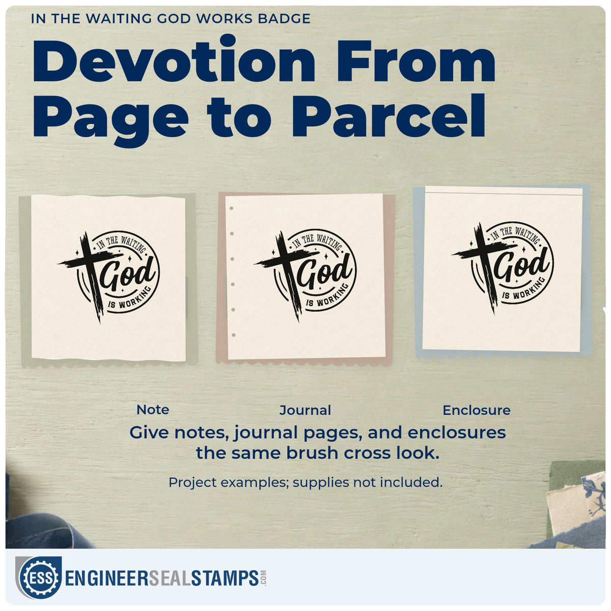 Three project examples made with the In The Waiting God Works Emblem Rubber Stamp – Duo Hand, including slow project pages.