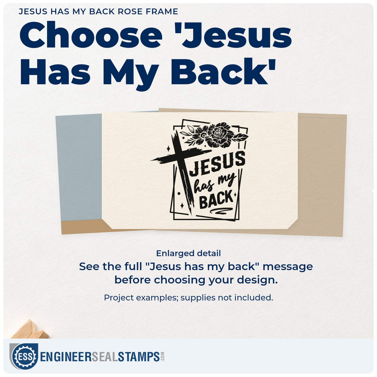 Enlarged detail of the Jesus Has My Back Rose Frame PSI Pre-Inked Stamp imprint. A brushstroke cross and dark roses overlap rectangular frames around "Jesus has my back."