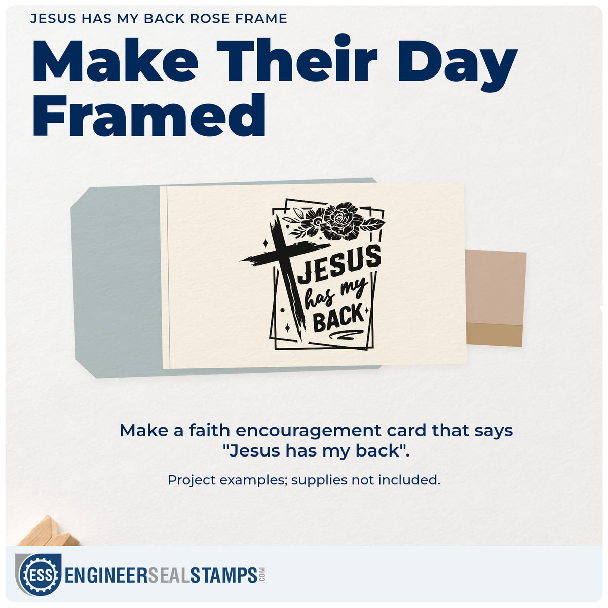 A finished handmade project stamped with the Jesus Has My Back Rose Frame PSI Pre-Inked Stamp, ideal for rearview mirror tags.