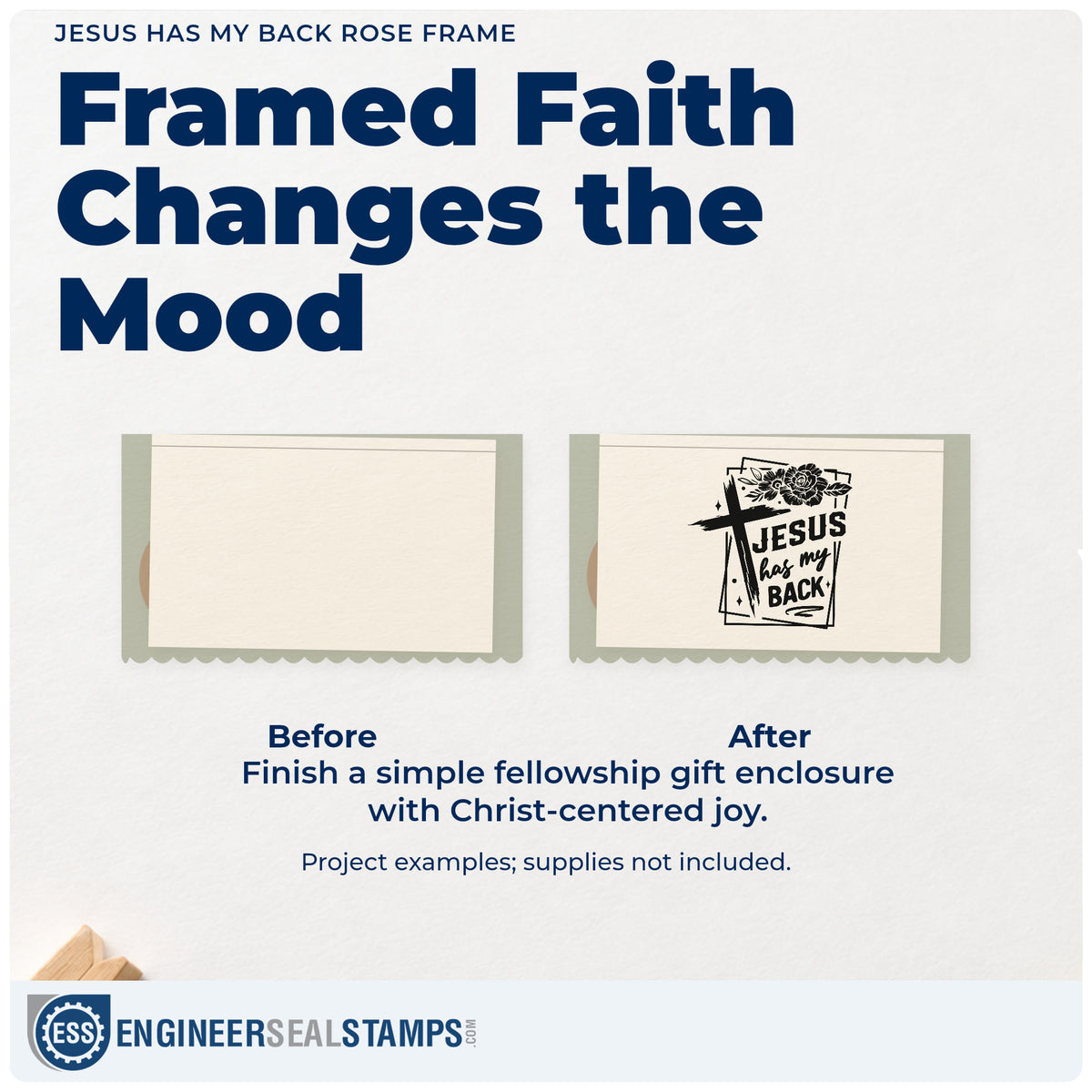 Before and after of a plain item finished with the Jesus Has My Back Rose Frame Pre-Inked Stamp – Slim, a quick upgrade for trucker visor cards.