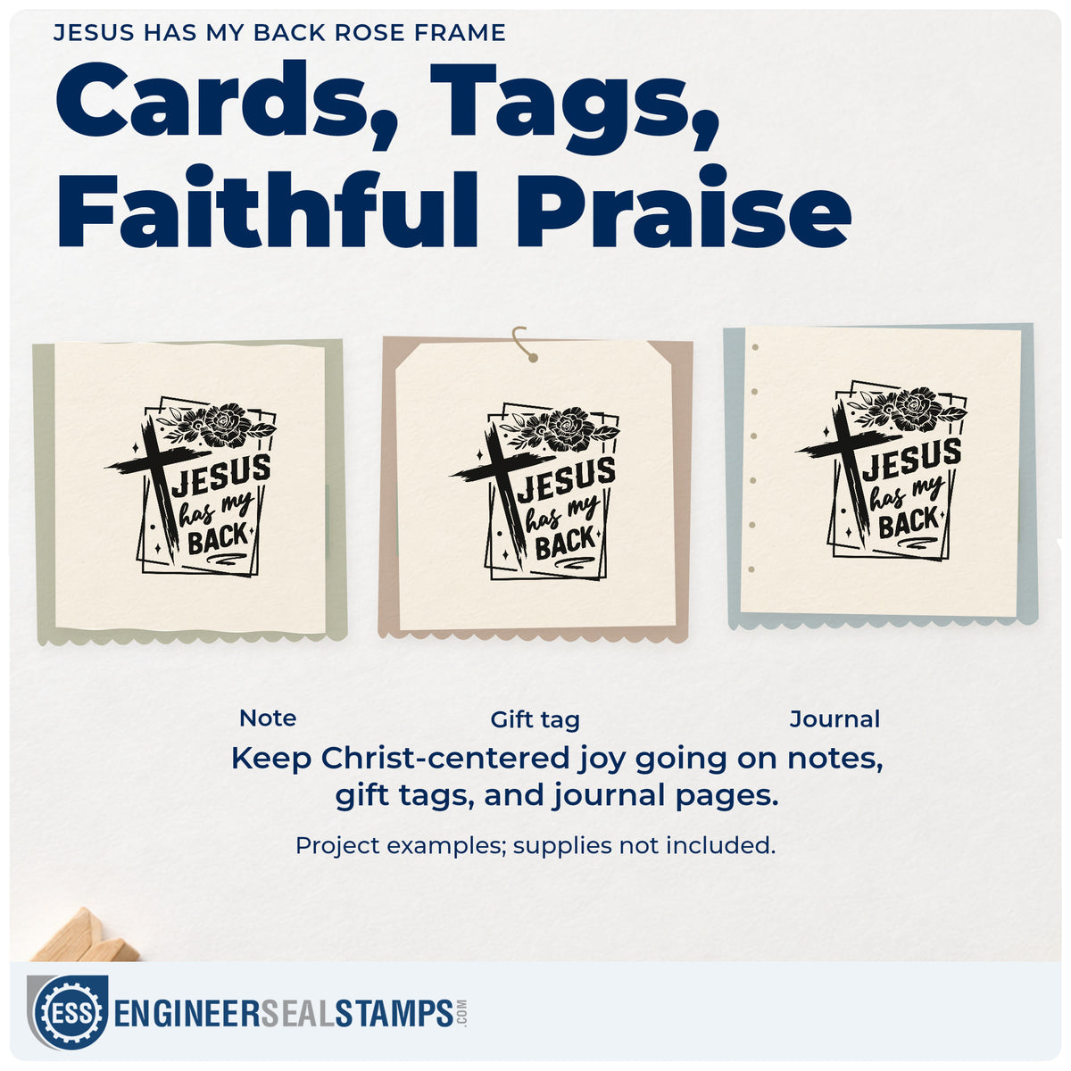 Three project examples made with the Jesus Has My Back Rose Frame Pre-Inked Stamp – Slim, including sports banquet programs.