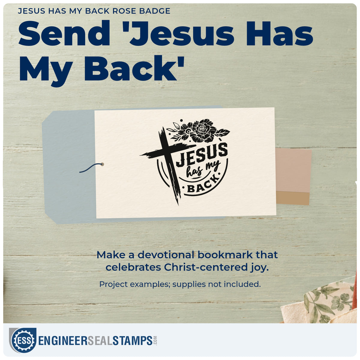 A finished handmade project stamped with the Jesus Has My Back Rose Emblem Stamp – Duo Hand, ideal for cheer squad tags.
