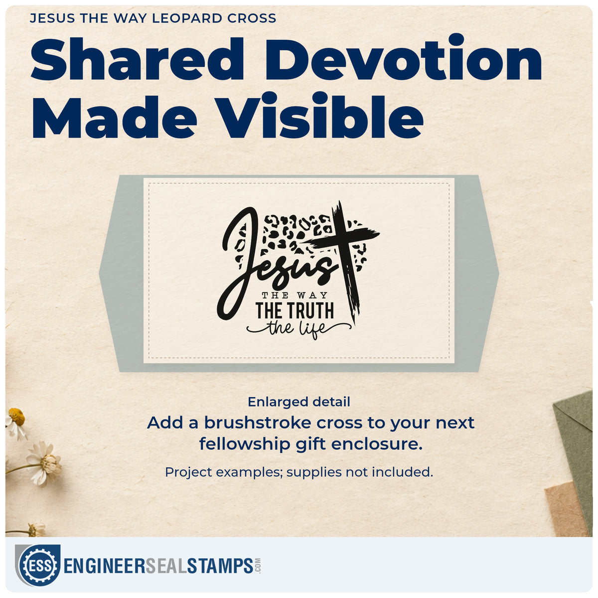 Enlarged detail of the Leopard Cross Jesus Way Truth Life Stamp – Self-Inking imprint. Leopard spots and a brushstroke cross accompany "Jesus, the way, the truth, the life."
