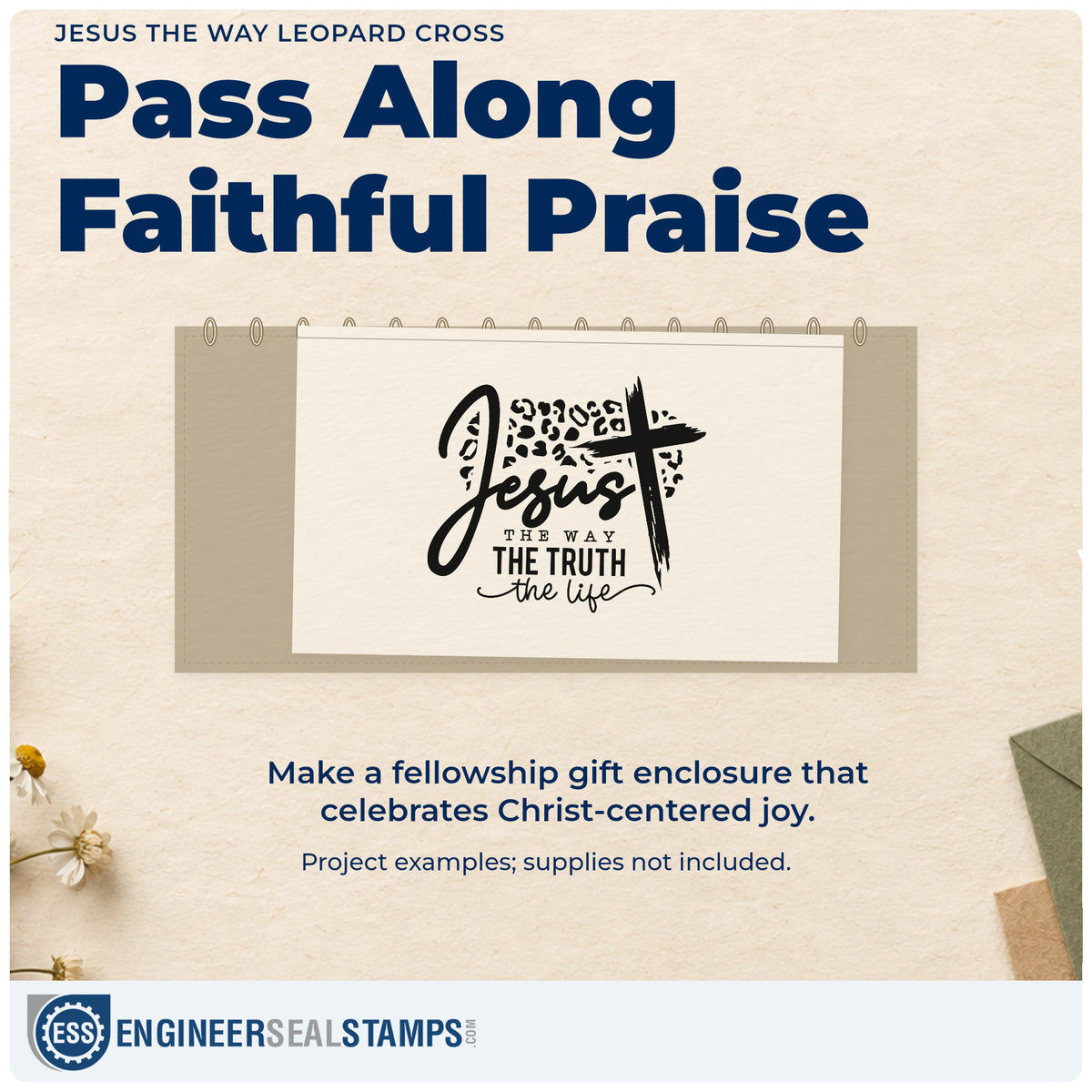 A finished handmade project stamped with the Leopard Cross Jesus Way Truth Life Stamp – Self-Inking, ideal for boutique tissue sheets.