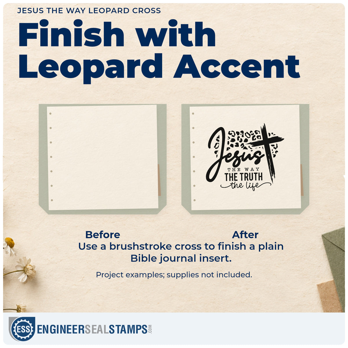 Before and after of a plain item finished with the Leopard Cross Jesus Way Truth Life Rubber Stamp – Duo Hand, a quick upgrade for hair salon seals.