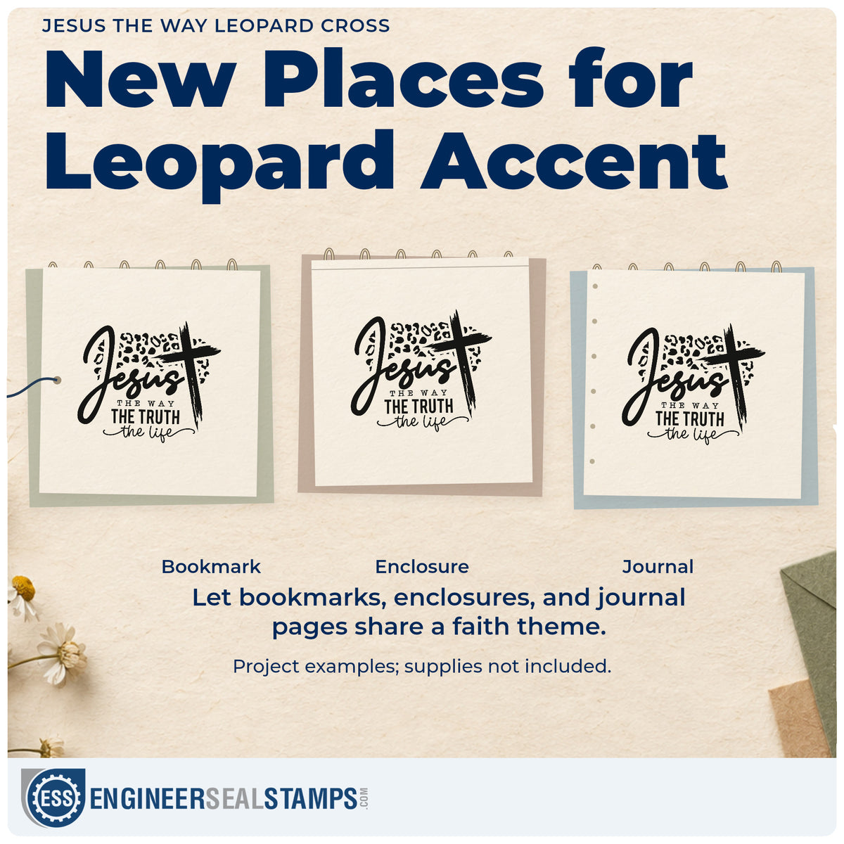 Three project examples made with the Leopard Cross Jesus Way Truth Life PSI Pre-Inked Stamp, including confirmation gift tags.