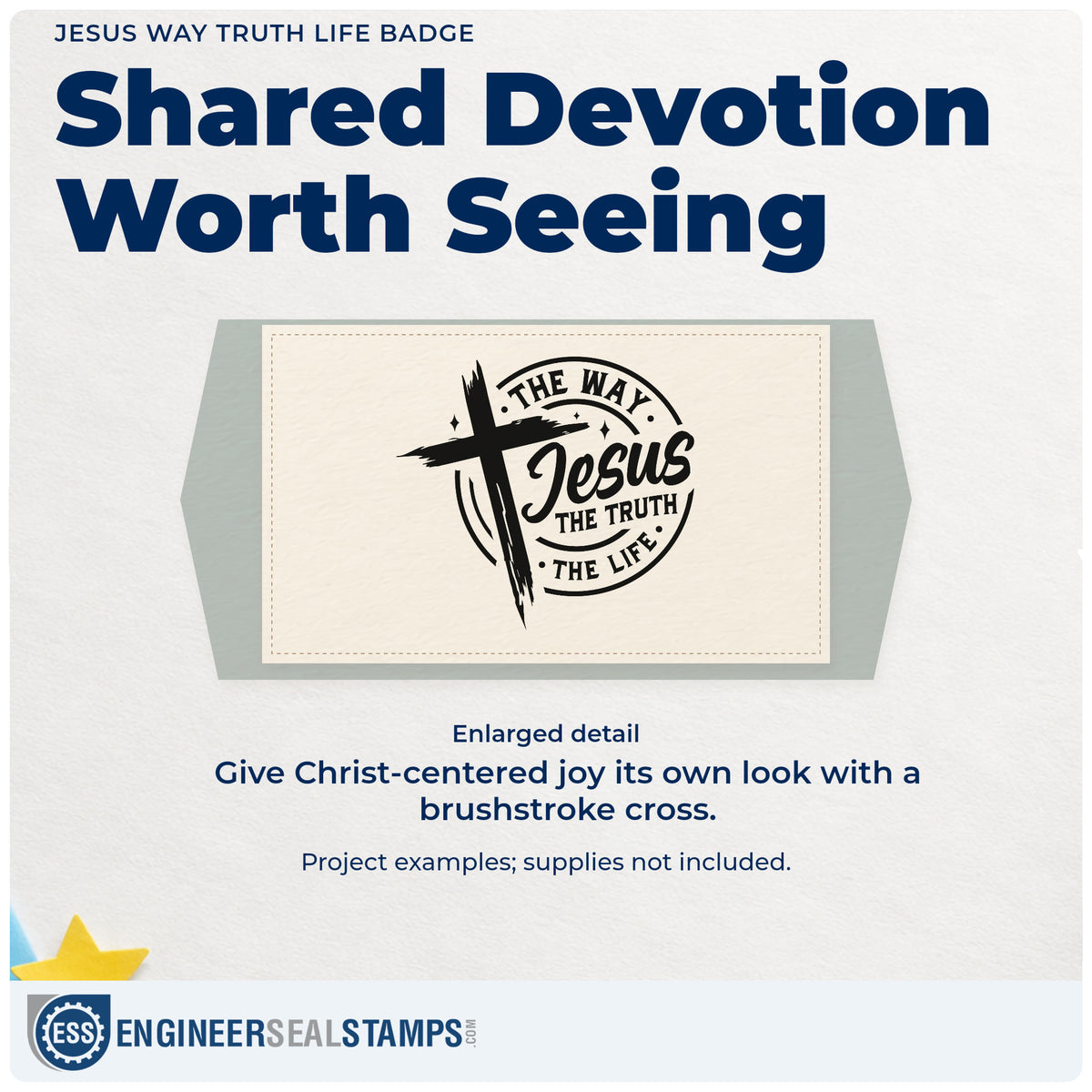 Enlarged detail of the Jesus Way Truth Life Badge Wood Handle Stamp imprint. A brushstroke cross overlaps a circular "Jesus, the way, the truth, the life" design.