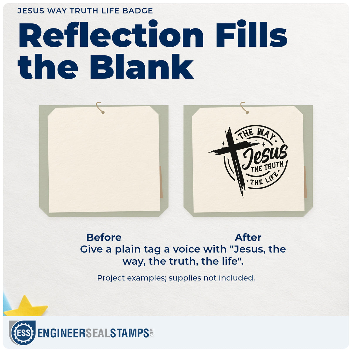 Before and after of a plain item finished with the Jesus Way Truth Life Badge Stamp - Premium Vintage Pro Wooden, a quick upgrade for round wax seal cards.