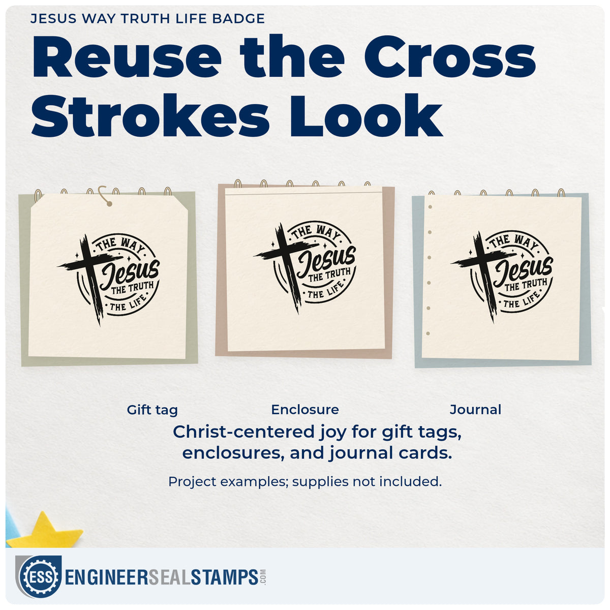 Three project examples made with the Jesus Way Truth Life Badge Wood Handle Stamp, including road trip journals.