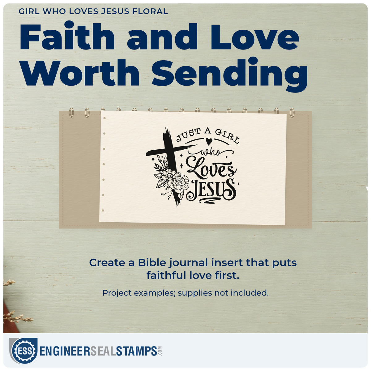 A finished handmade project stamped with the Vintage Pro Girl Who Loves Jesus Floral Premium Wooden Stamp, ideal for birthday party tags.