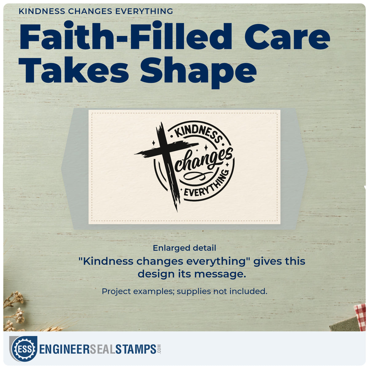 Enlarged detail of the Kindness Changes Everything Craft Stamp – Self-Inking imprint. A brushstroke cross overlaps a circular "Kindness changes everything" design.