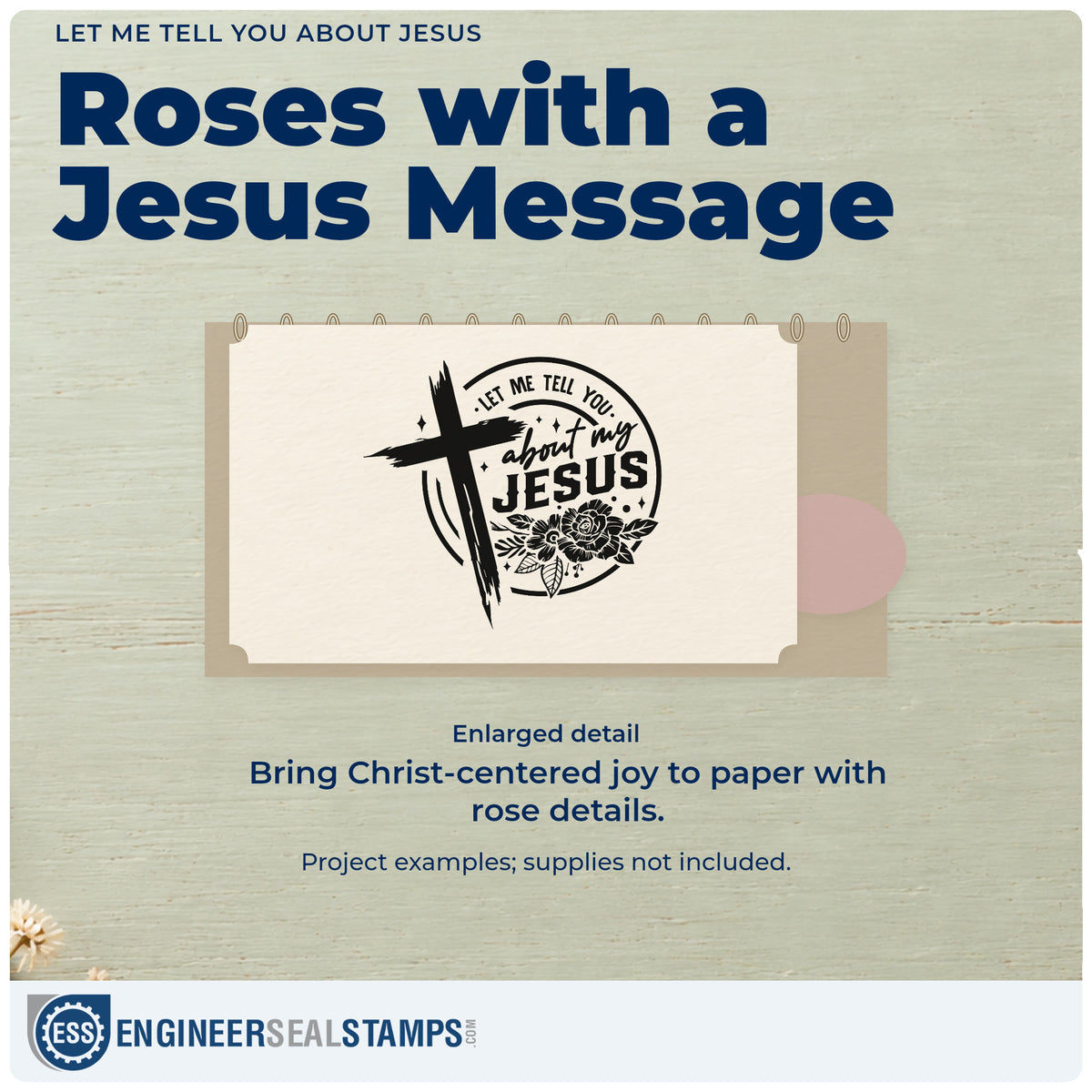 Enlarged detail of the Let Me Tell You About Jesus Stamp – Wood Handle imprint. A brushstroke cross and dark roses accent a circular "Let me tell you about my Jesus" design.
