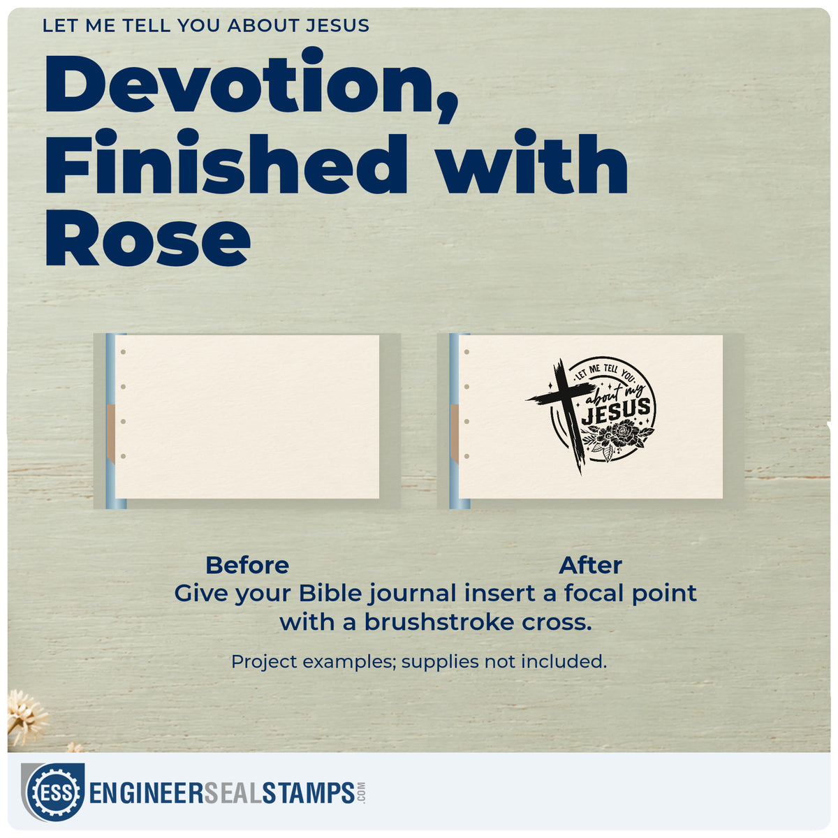 Before and after of a plain item finished with the Let Me Tell You About Jesus Stamp – Wood Handle, a quick upgrade for bake sale bands.