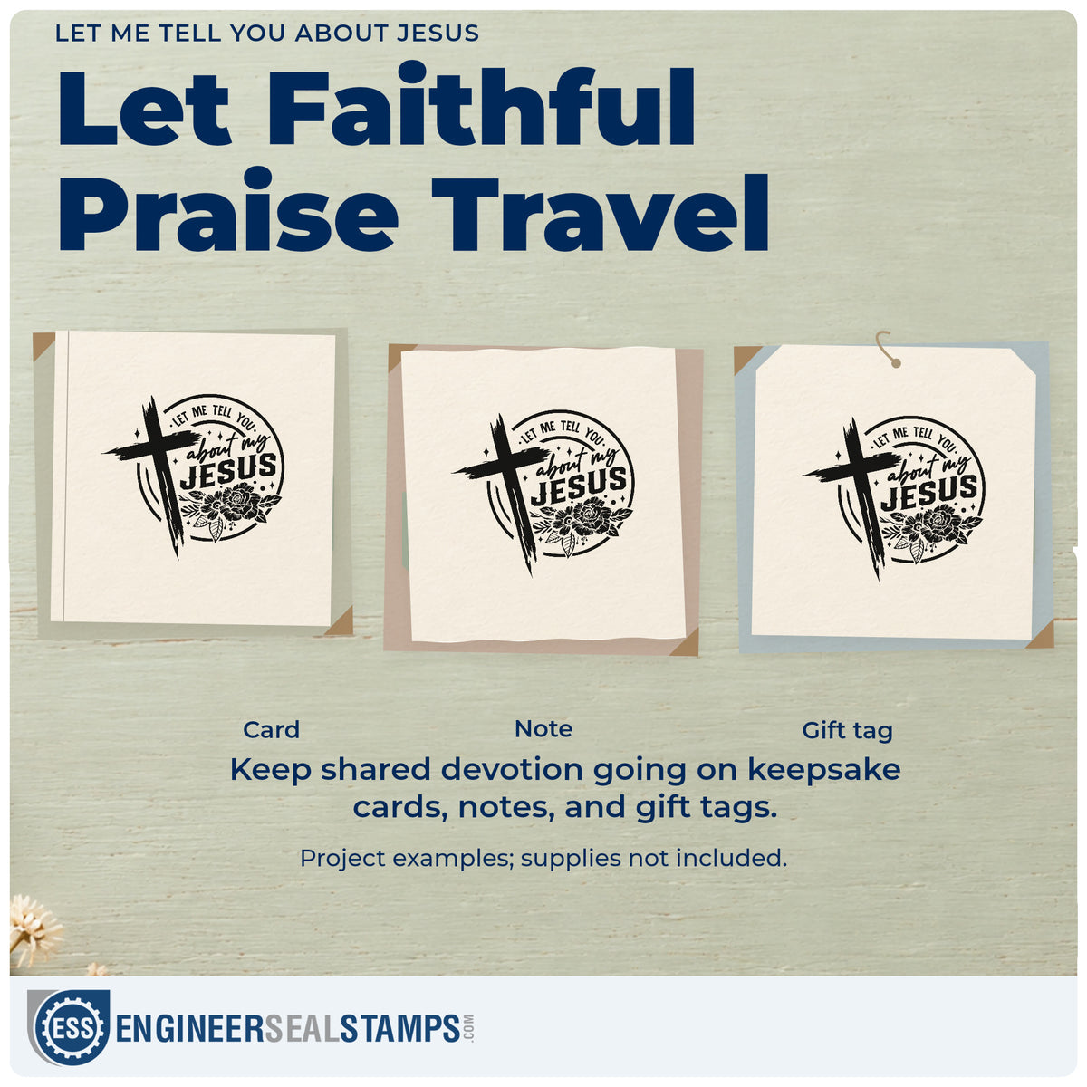 Three project examples made with the Let Me Tell You About Jesus Stamp - Premium Vintage Pro Wooden, including invite card seals.