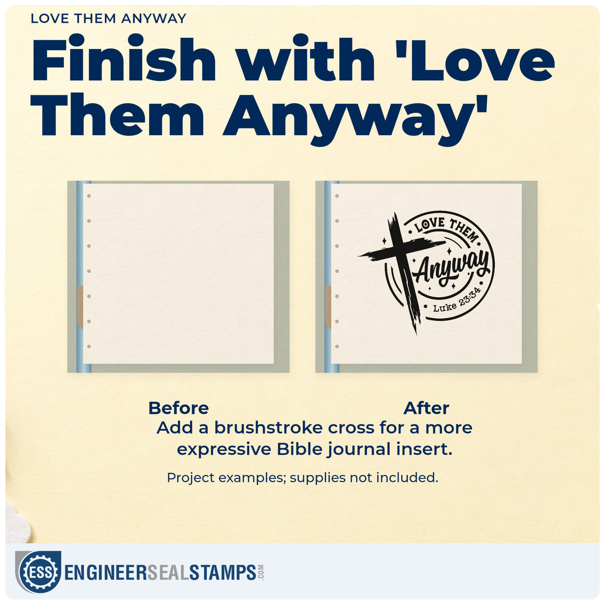 Before and after of a plain item finished with the Premium Wooden Love Them Anyway Brushstroke Cross Stamp - Vintage Pro, a quick upgrade for mediation table cards.