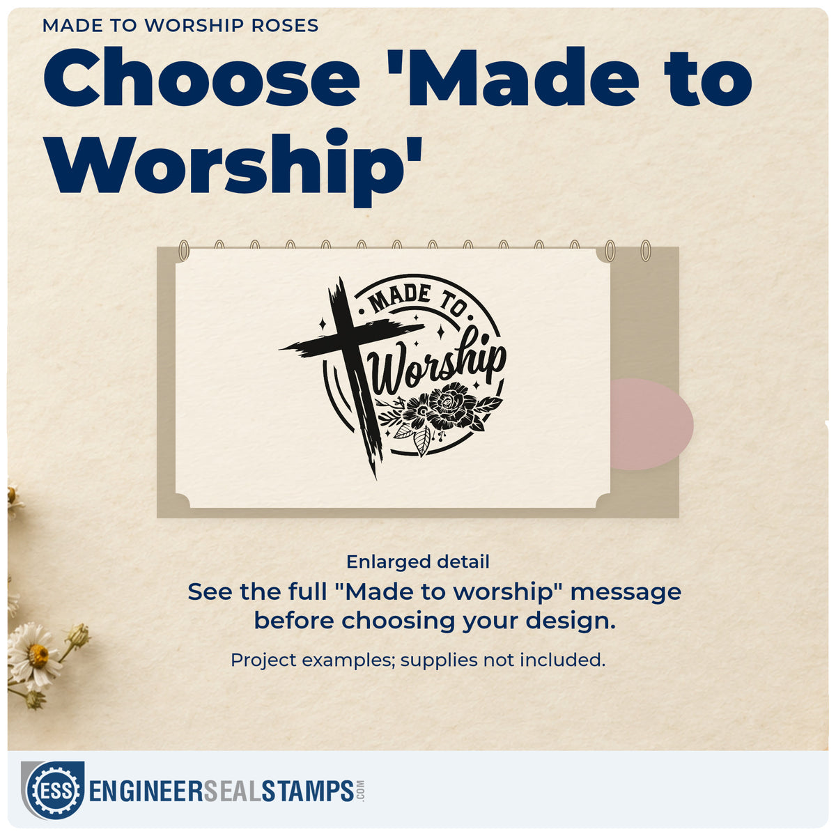 Enlarged detail of the Made To Worship Roses Self-Inking Stamp imprint. A brushstroke cross and dark roses accent a round "Made to worship" design.
