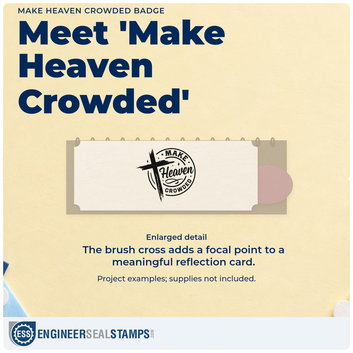 Enlarged detail of the Make Heaven Crowded Emblem Rubber Stamp – Wood Handle imprint. A brushstroke cross overlaps a circular "Make heaven crowded" design.