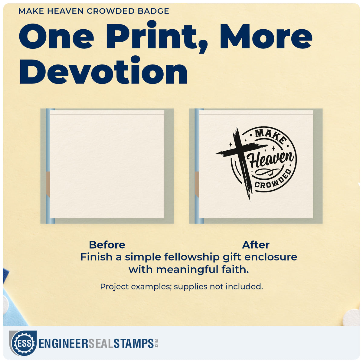 Before and after of a plain item finished with the Self-Inking Make Heaven Crowded Emblem Stamp, a quick upgrade for camp counselor caps.