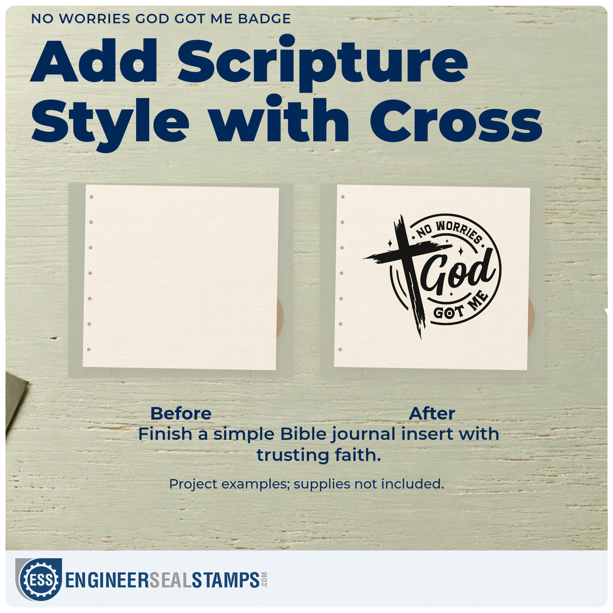Before and after of a plain item finished with the No Worries God Got Me Badge Stamp – Self-Inking, a quick upgrade for camp bunk labels.
