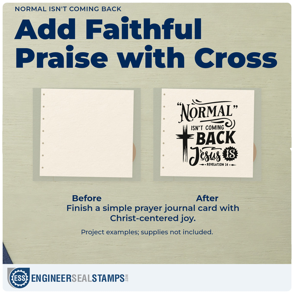 Before and after of a plain item finished with the Normal Isn't Coming Back Premium Wooden Stamp - Vintage Pro, a quick upgrade for election season notes.